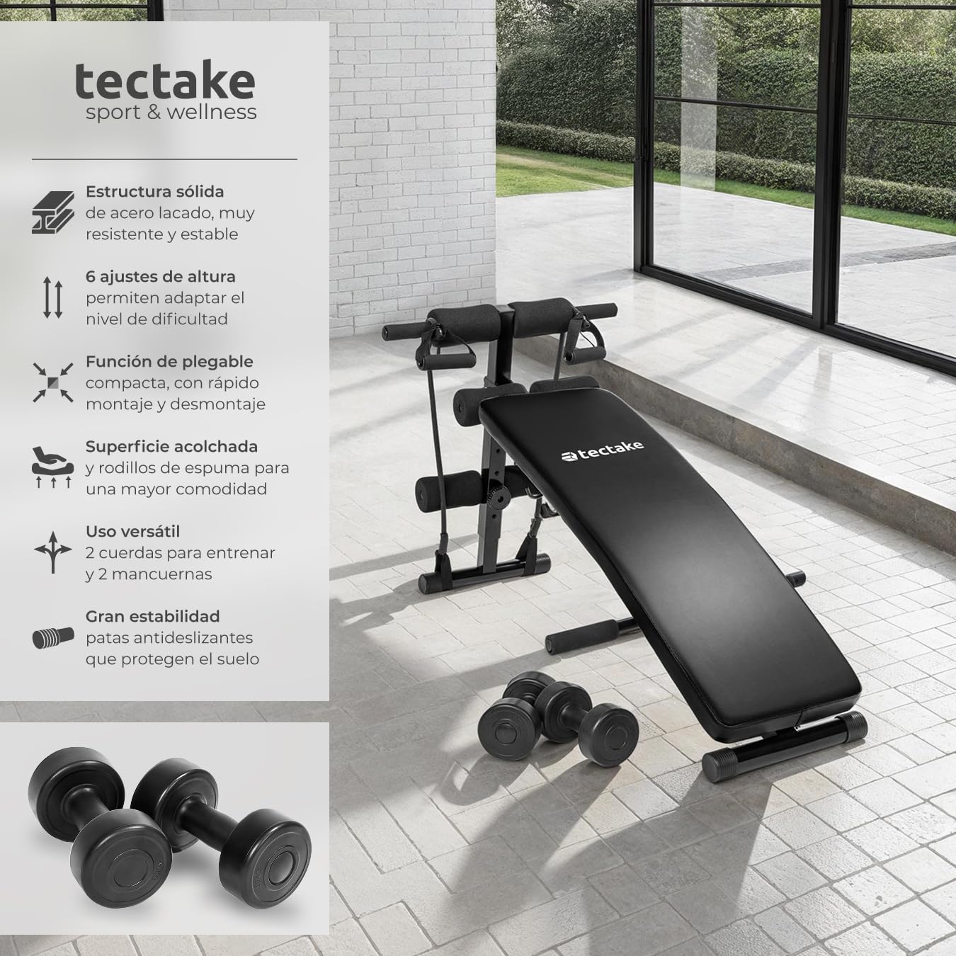 tectake® Banco Musculación, Equipo Multifuncional para Fitness en Casa, Abdominales y Banco de Pesas, Monta Tu Gimnasio en Casa - 129 x 55 x 70 cm