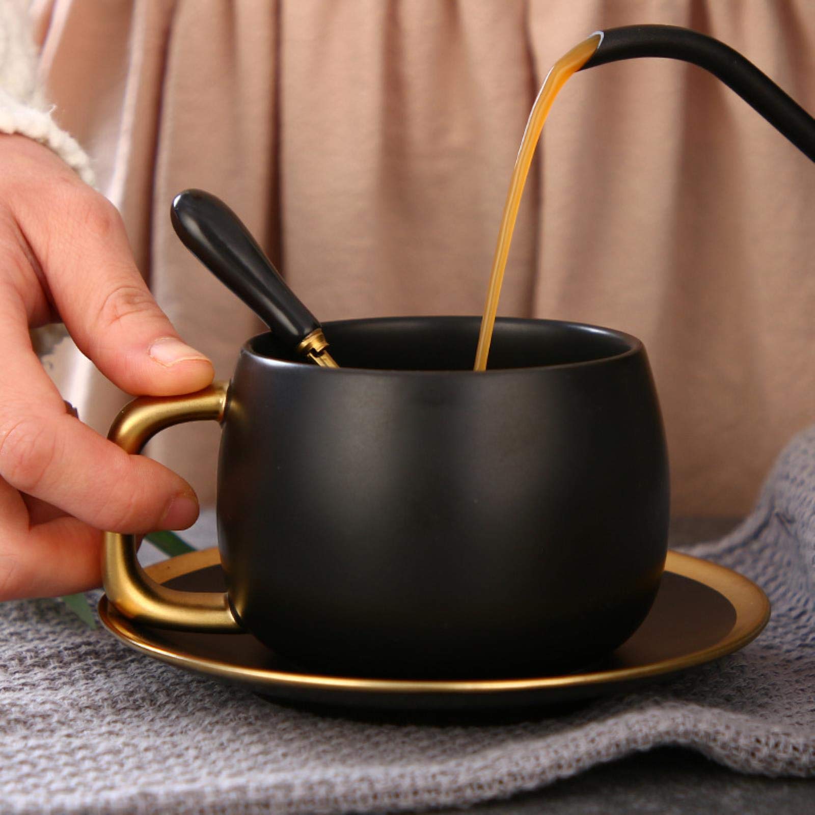 Tazze da caffè moderne di lusso opaco nero oro marmo ceramica tazza caffè caffè tazza piattino bicchiere coppia latte tazze di tè - Champagne
