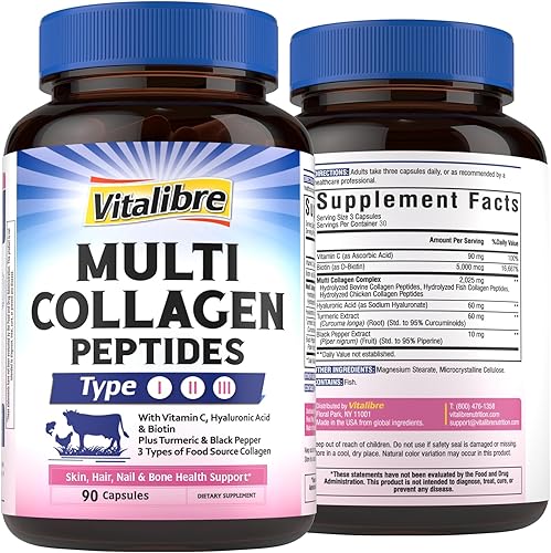 Péptidos multicolágeno, hidrolizados, tipo I, II, III, vitamina C, biotina, ácido hialurónico, cúrcuma y pimienta negra, soporte para la piel, el