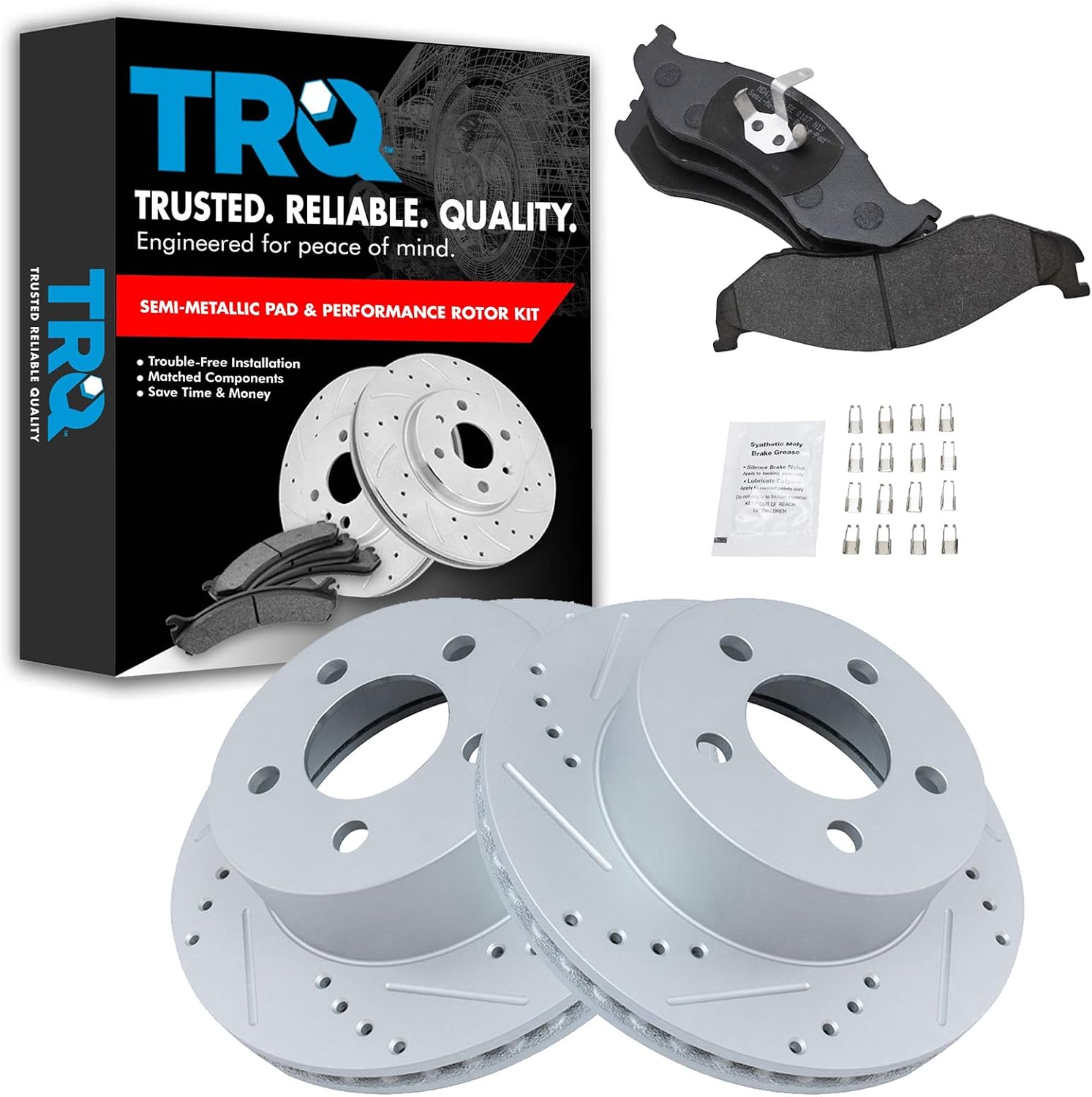 TRQ Front Performance Brake Pad & Rotor Kit Brake Pads Brake Rotors Set Semi-Metallic Premium G-Coated Compatible with 1999-2001 Jeep Cherokee 1997-2006 Wrangler