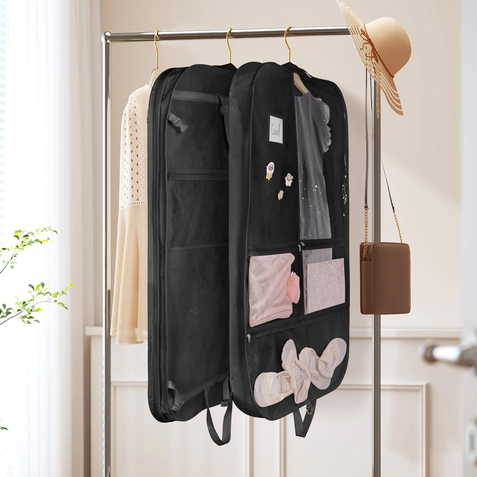 Univivi Bolsas Negras para Disfraz de Baile de 40 Pulgadas, para competiciones de Baile, 3 Bolsillos medianos Transparentes con Cremallera y 2 Bolsillos Traseros con Cremallera, con 1 Colgante, 3
