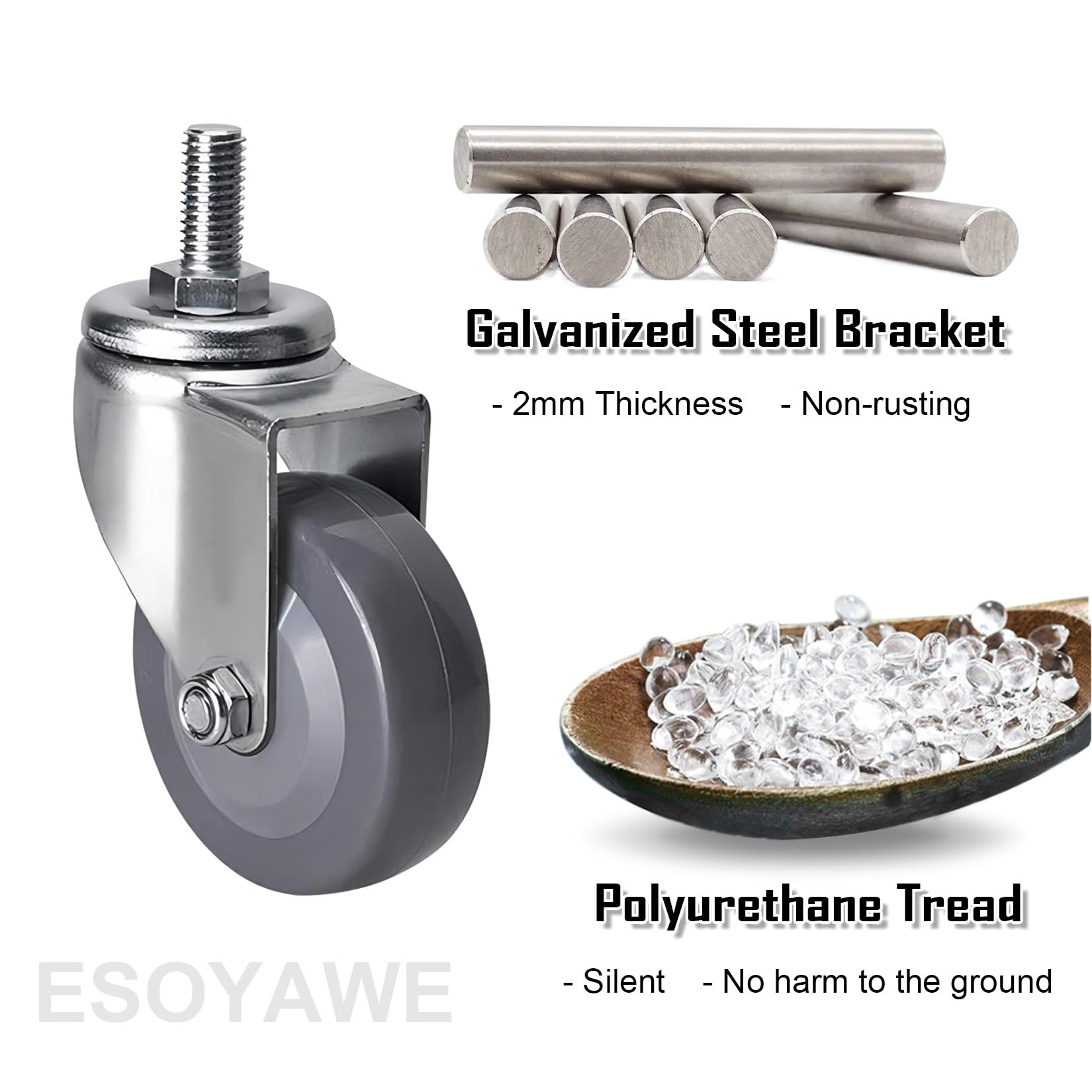 Schwerlast-Polyurethanrollen, 4er-Pack, Ø 6 mm (2,5 Zoll), mit Bremse, M12-Gewinde, Keine Spuren und leise, industrielle Transportrollen, Ersatz-Möbelrollen