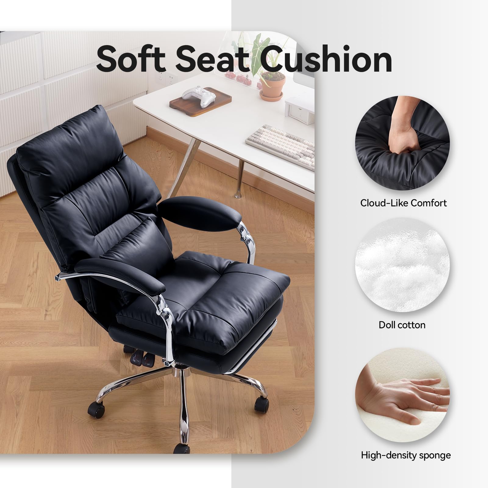 EMIAH Sedia da Ufficio Direzionale con Poggiapiedi, Comoda Sedia Scrivania con Braccioli, Poltrona Ufficio Ergonomica Reclinabile in Pelle PU con Ruote, Sedia per Computer con Cuscino Ispessito, Nero
