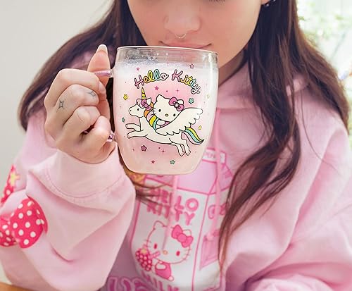 Miniatura 7 de Silver Buffalo Sanrio - Taza de cristal de unicornio Hello Kitty con mango de purpurina  Taza de café para expreso, té con leche Boba  Capacidad
