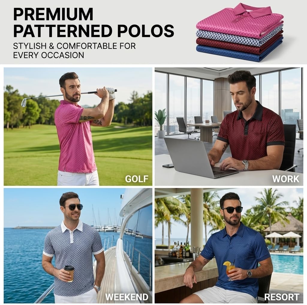 Mens Polo Shirt Short Sleeve Dry Fit Print Golf Shirts for Men Moisture Wicking Color Block Collared Shirts with Pocket