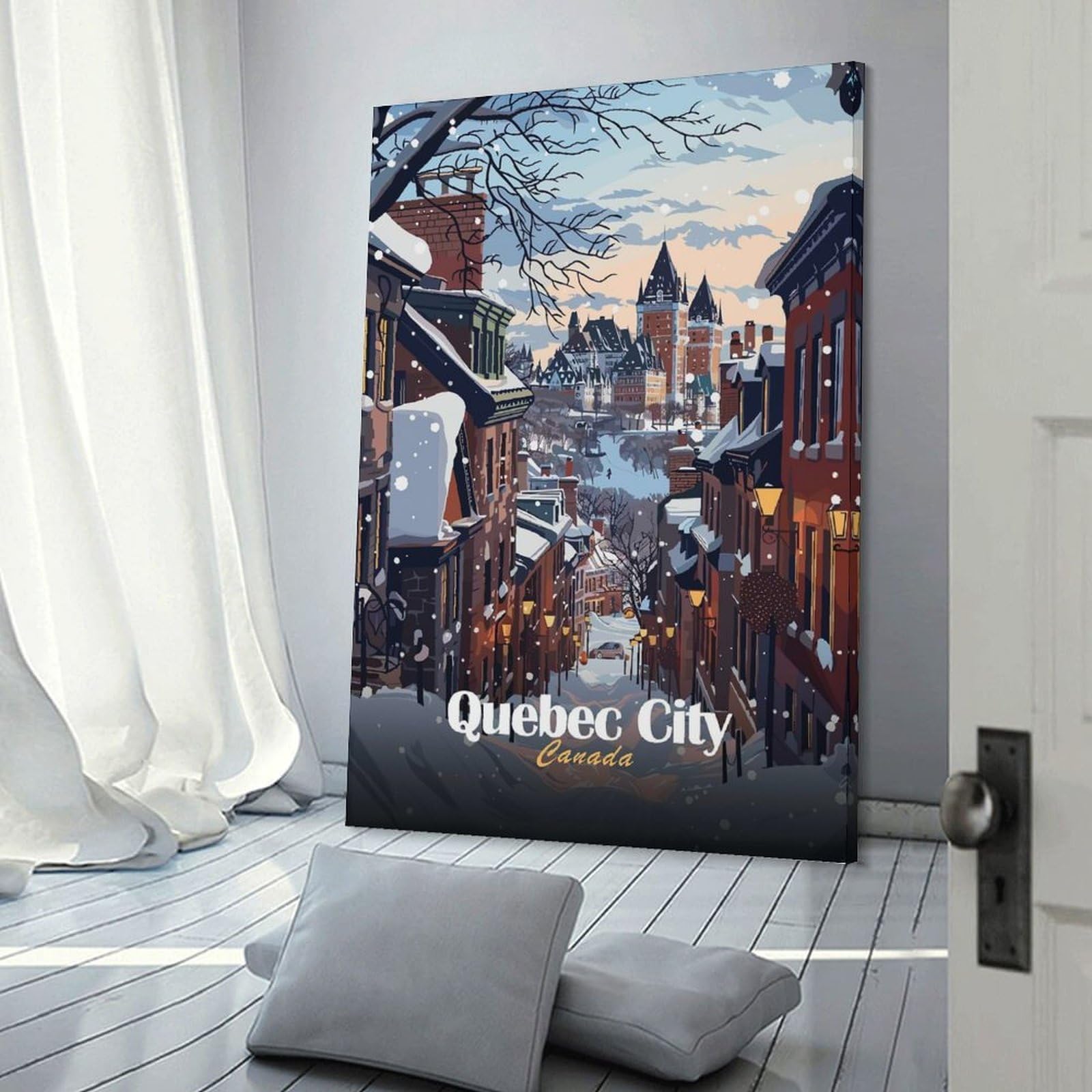 Junmoney Quebec City Winter Scene Hanging Wall Art, 20x30inch(50x75cm), for Living Room, Bedroom, Office Or Hallway, Decorative Artwork with Broad Appeal