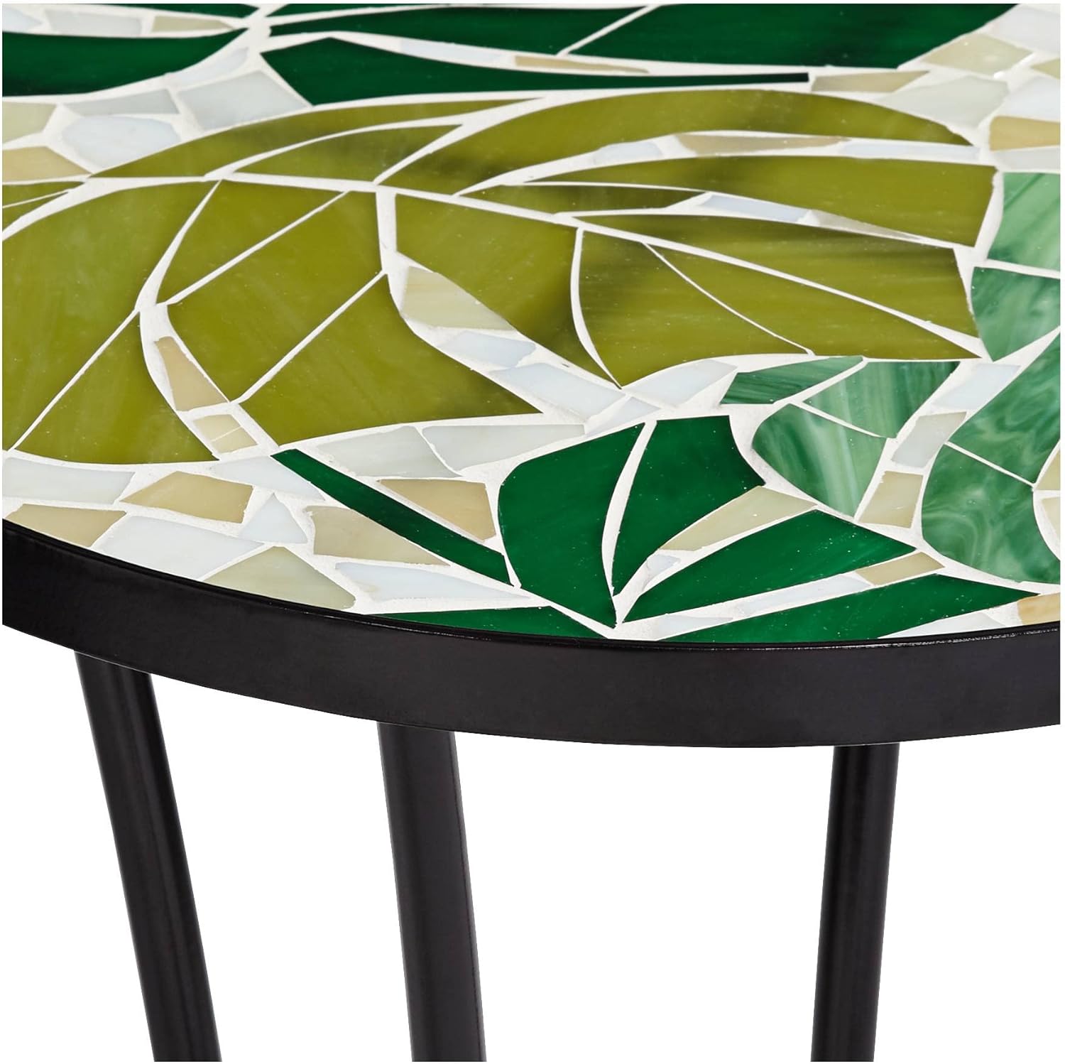 Teal Island Designs Tropical Leaves Black Metal Round Outdoor Accent Side Table 14" Wide Green Mosaic Tabletop Gracefully Curved Legs for Spaces Front Porch Patio Home House Balcony Deck Shed Yard