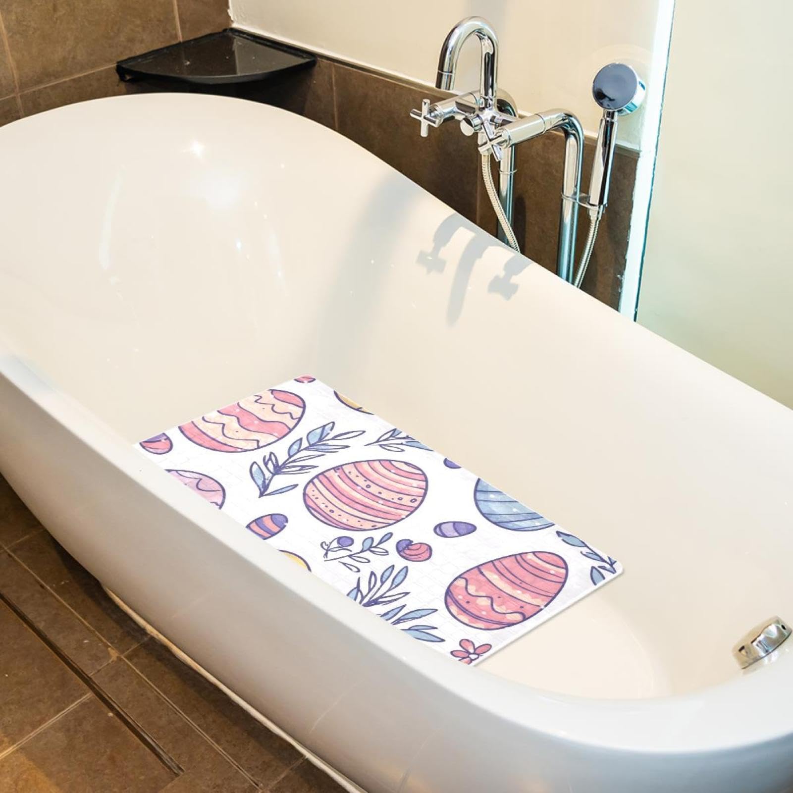 Doodle Tapis de bain rectangulaire antidérapant avec ventouses Motif œufs de Pâques avec fleurs et plantes Lavable en machine 40 x 70 cm