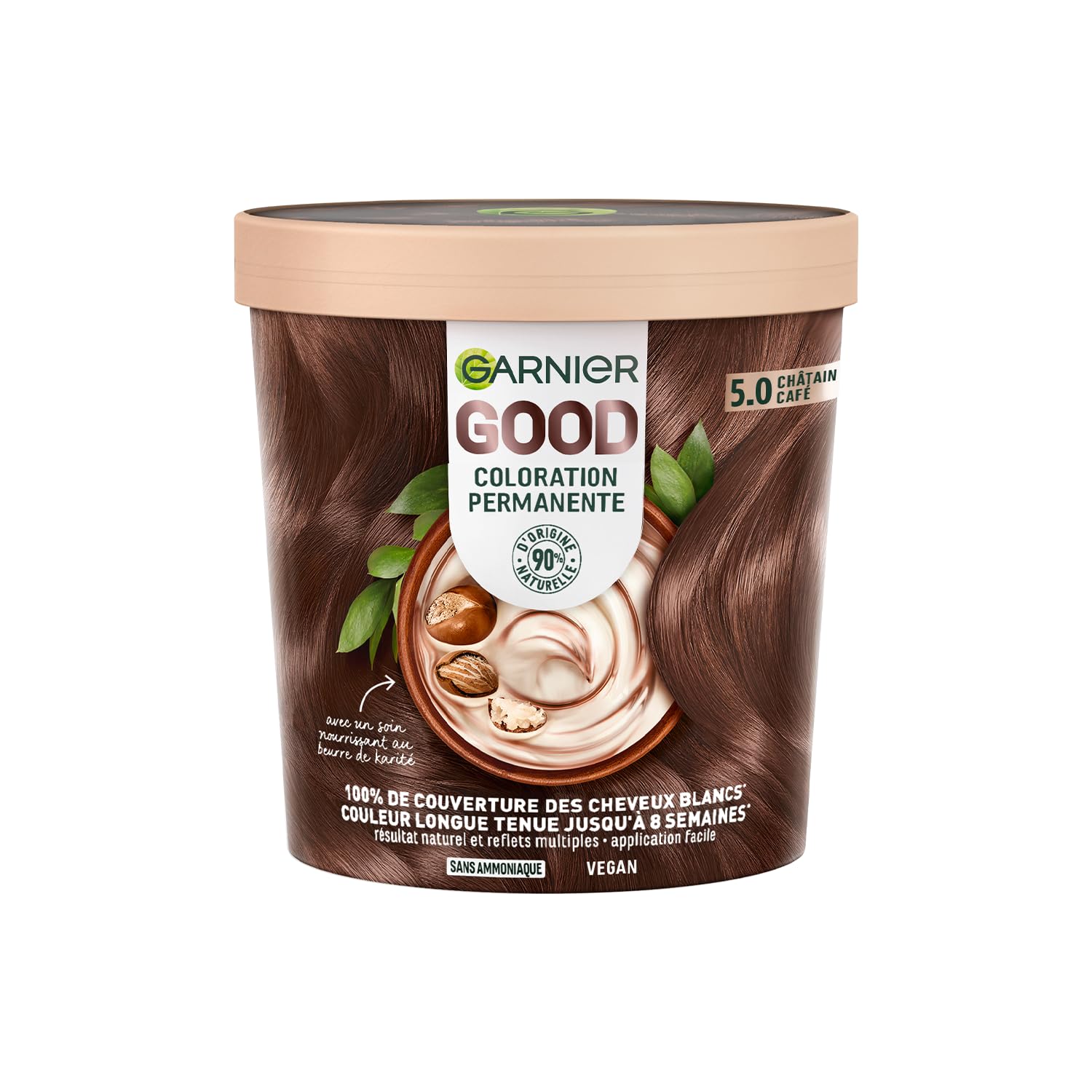 Garnier - Coloration Permanente - Sans Ammoniaque - 90% d'Ingrédients d'Origine Naturelle et Formule Vegan - Beurre de Karité - 100% Couverture Cheveux Blancs - Châtain Clair Café (5.0) - Good