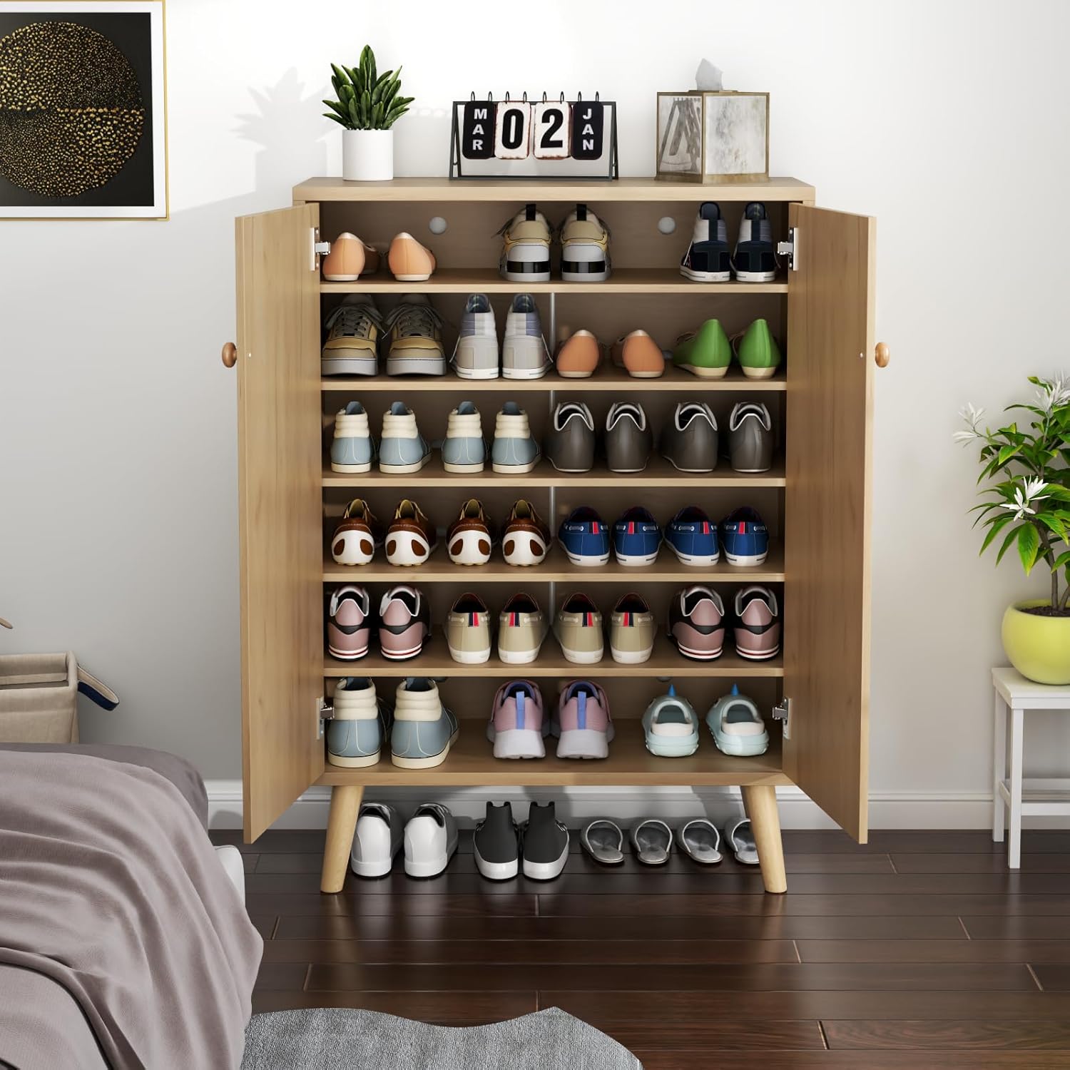 Loomie Rattan Shoe Cabinet, 6-Tiers Shoe Storage Cabinet for Entryway Hallway, 2 Door Accent Cabinet with Adjustable Shelves, 44" H Tall Sideboard Storage Cabinet Closet Living Room (Natural)