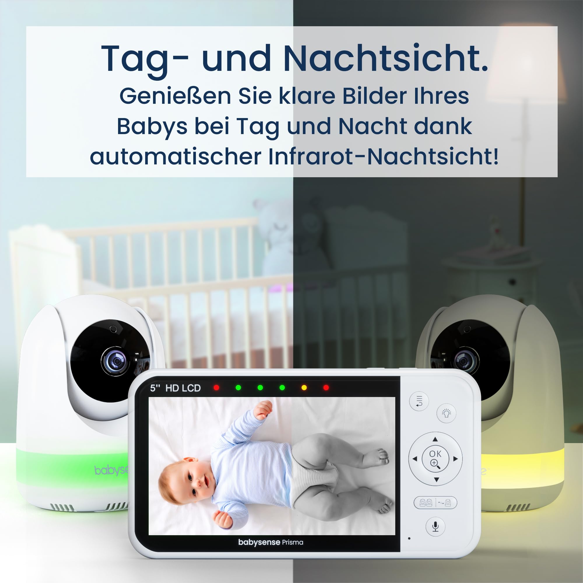 Babysense Babyphone 720p HD 5 Zoll mit 2 Kameras, Video Babyphone ohne WLAN, 6-Farben-Nachtlicht, Wiegenlieder, 300m Reichweite, Zwei-Wege-Audio, 4-facher Zoom, 4000mAh Akku