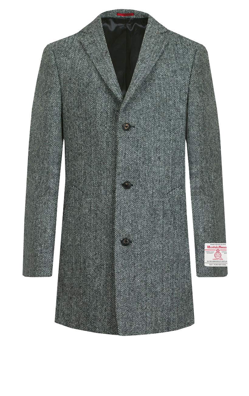 Dobell Harris Tweed Mens Grey Herringbone Overcoat Regular Fit 100% Wool-XL