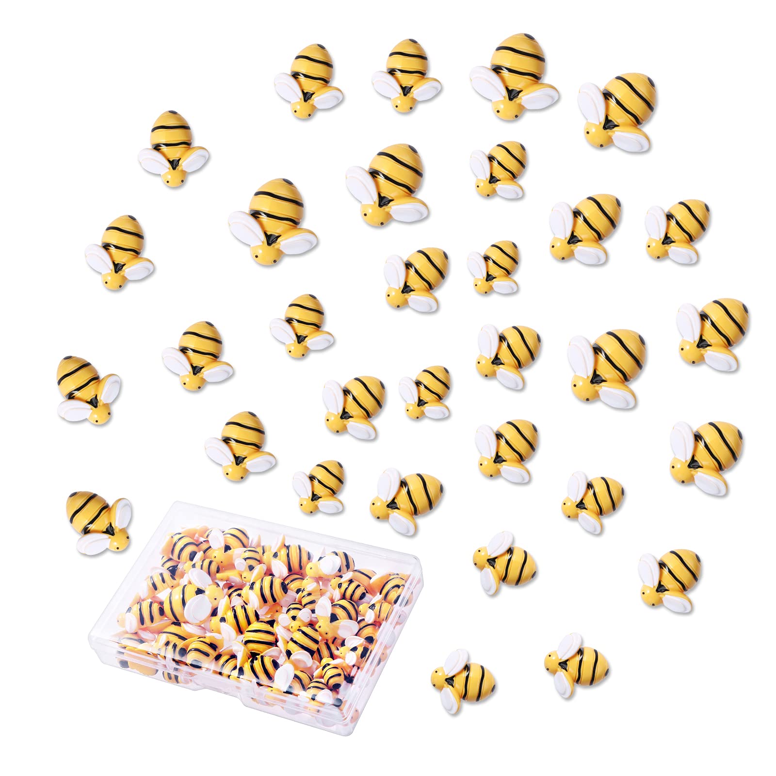 BENBO60 Pieces Tiny Resin Bee Embellishment, Bumble Bee Shaped Craft Honeybee Decor Bumblebee Decoration with Storage Box for DIY Craft Wreath Scrapbooking Party Home Decor (4 Sizes)