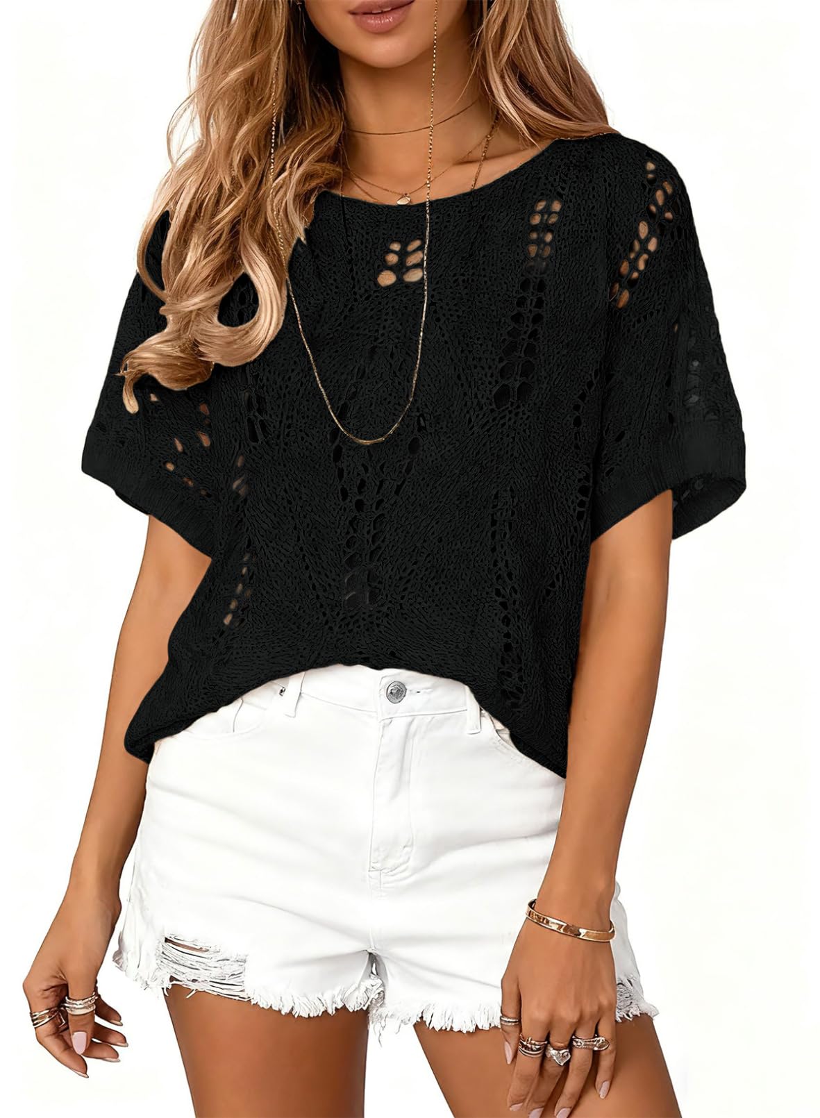 Eytino Womens Plus Size Tops Crochet Hollow Out Half Sleeve Spring Summer Sweaters 2026 Trendy Beach Cover Ups