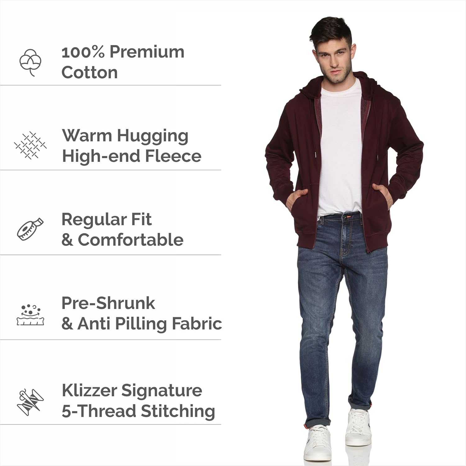 Klizzer Luxury Zip Up Hoodie Men 100% Cotton Fleece Heavyweight Hooded Sweatshirt, Comfortable Full Zipper Jacket for Adults. - Image 4