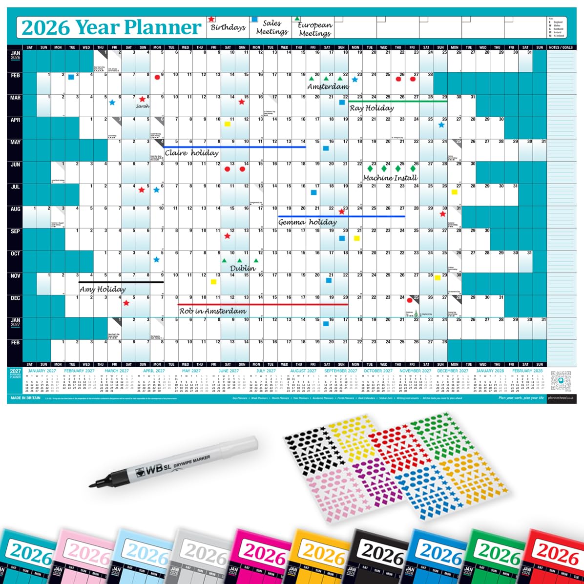 PlannerHead 2026 Laminated Wall Planner/Yearly Calendar 2026 UK & Ireland with Bank Holidays/Dry Wipe Pen & 400 Stickers / 2027 Footnote/Teal Large (49x70cm)