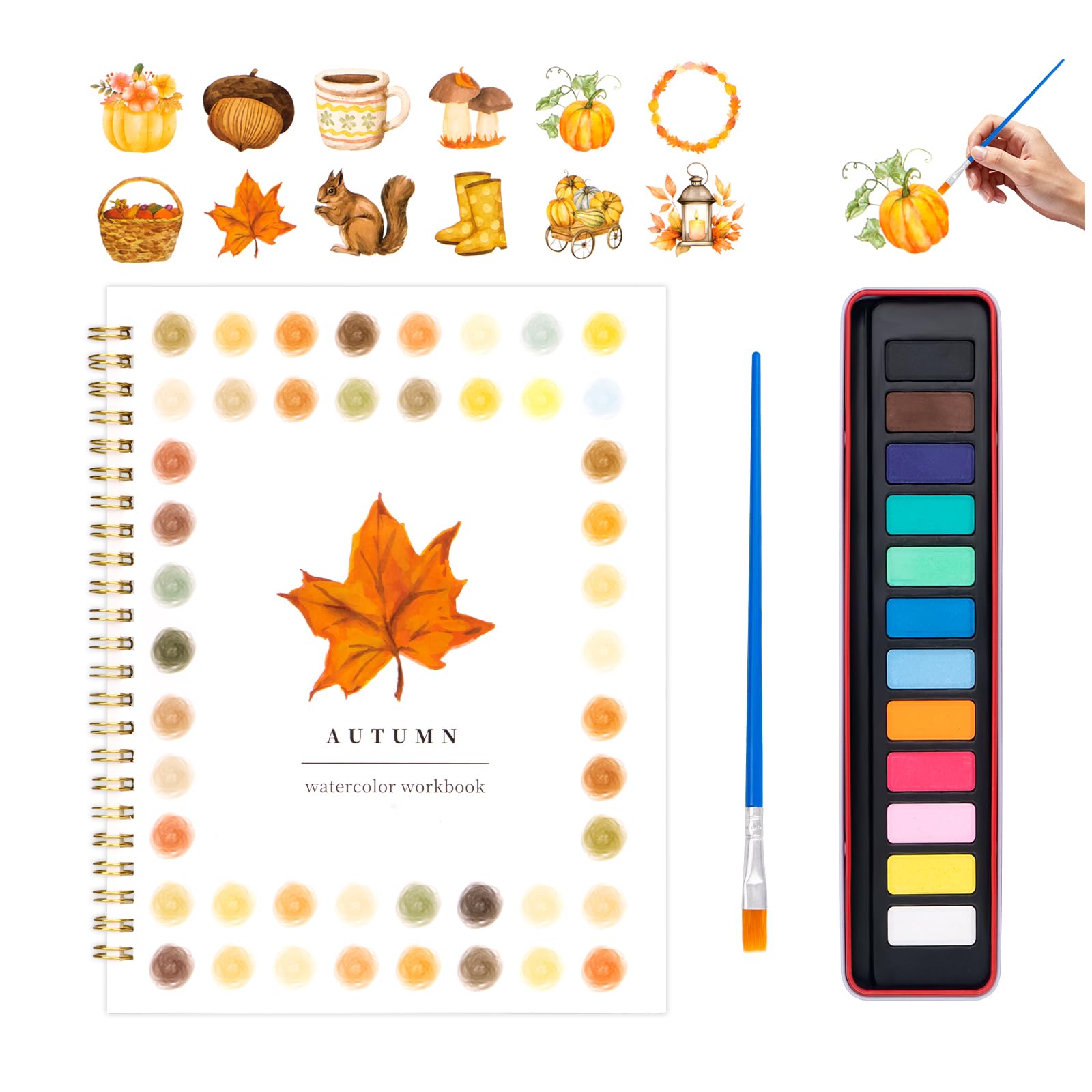 Watercolor Workbook for Adults, Beginner Friendly Watercolor Painting Kit Autumn Water Coloring Book, Nature-Themed Practice Art Gift Water Color Paint Book with Palette and Brush