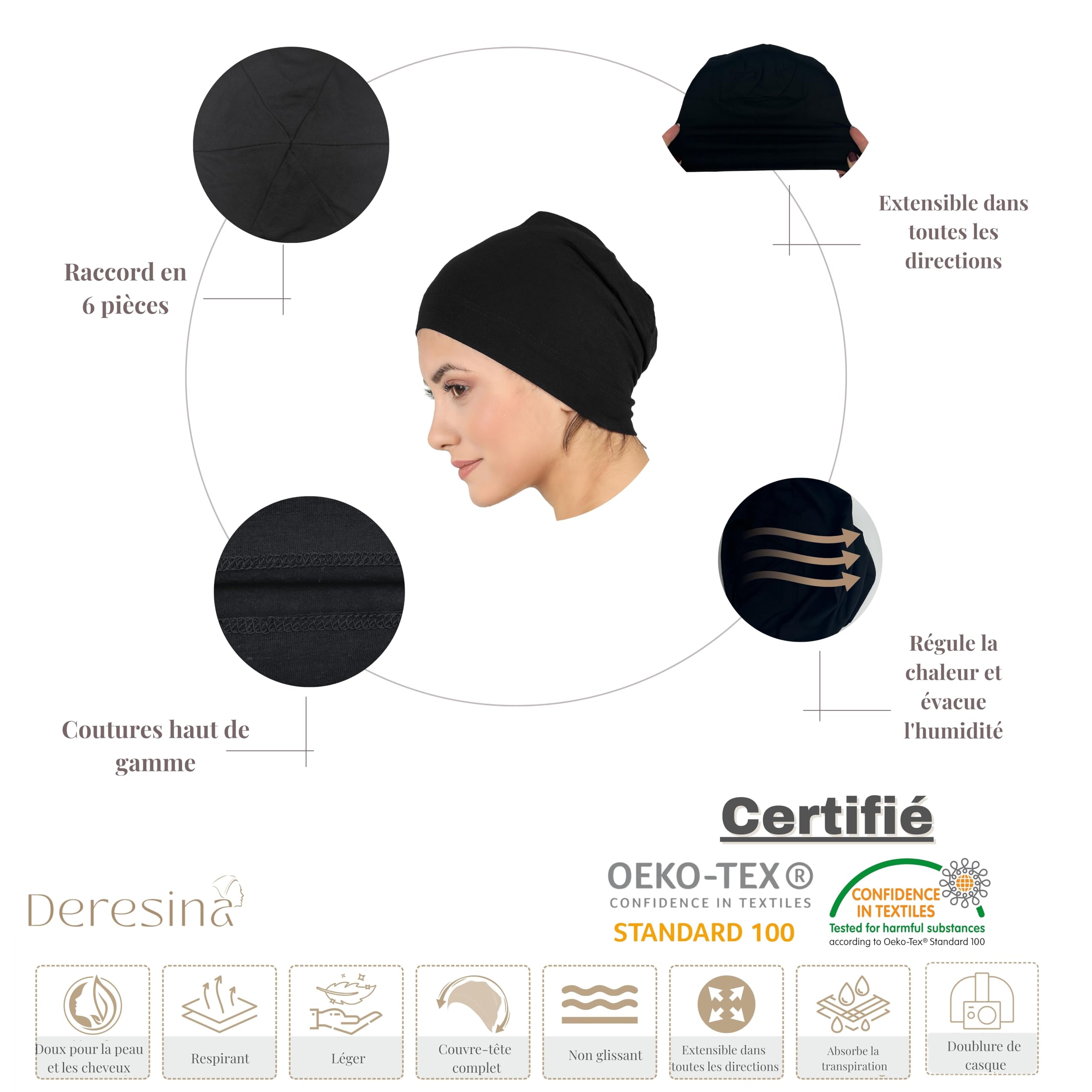 Deresina Bonnet Chimio en Bambou pour Femmes et Hommes – Ultra-Doux et Respirant, Ideal pour l Alopecie et la Perte de Cheveux, Jour et Nuit, Alternative a la Perruque - 3