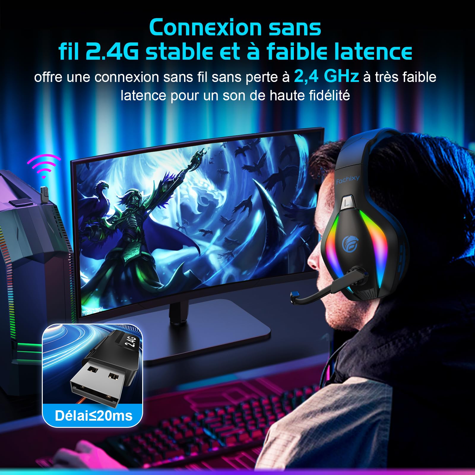 Fachixy FC100「2025 Nouvelle」Casque de Jeu sans Fil pour PS4, PS5, PC - 2,4 GHz et Casque Bluetooth avec Microphone - Son stéréo 3D et autonomie de 50 Heures - pour Switch, Smartphones, Noir-Bleu