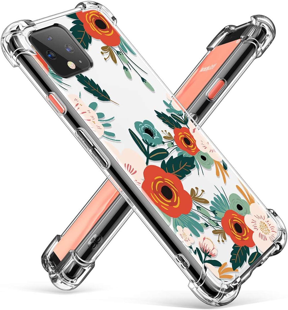 GVIEWIN Flower Pattern Design with Shockproof Corner,Compatible for Google Pixel 4XL Case 2019, Ultra Slim TPU Bumper Protective Phone Cover Case for Pixel 4 XL (Flowering/Reseda Green)