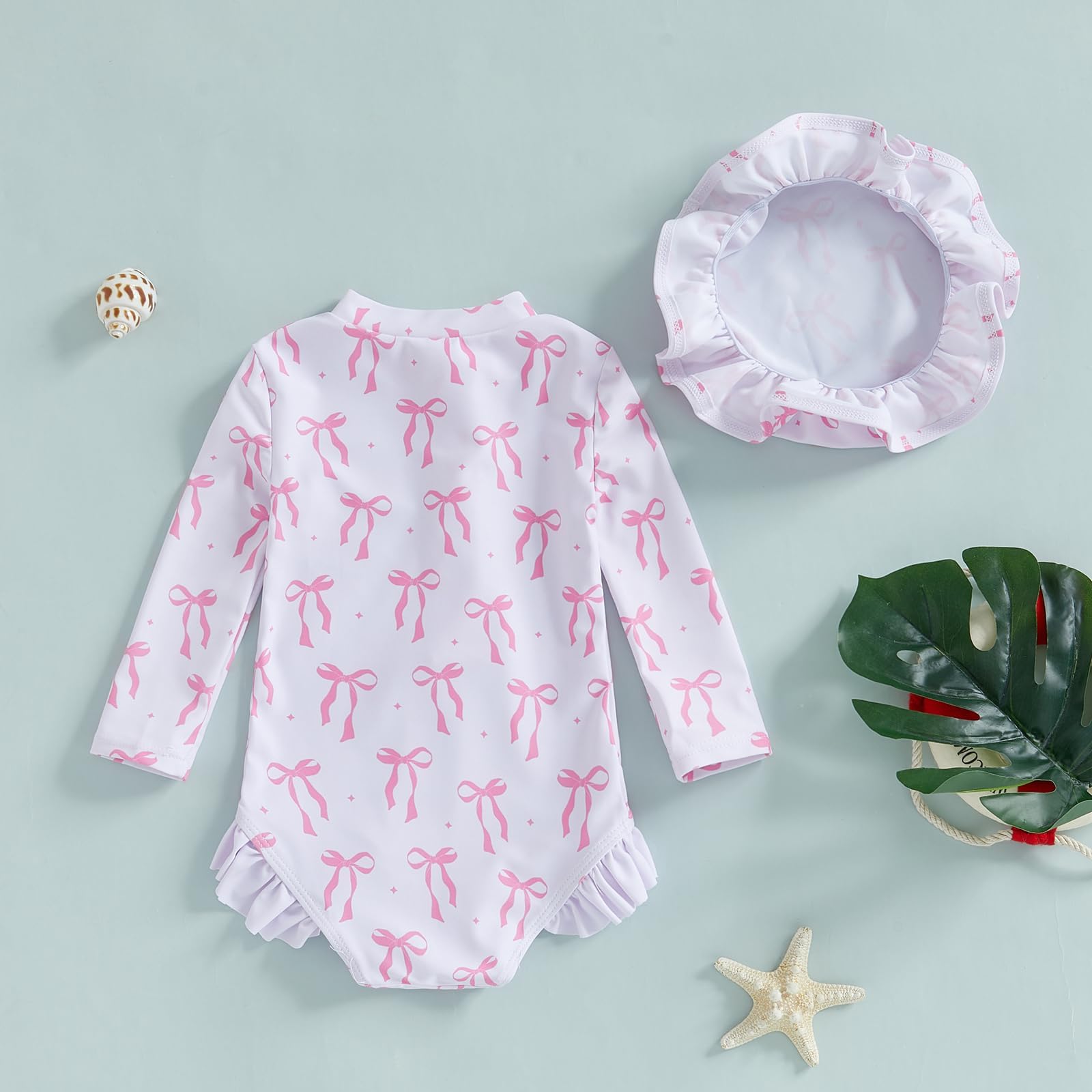 JENJON Traje de Baño a Rayas para Bebé Niña con Volantes Mangas Lindo Floral Traje de Baño de Una Pieza con Cremallera Protección UV y Gorro de Playa Verano - 5