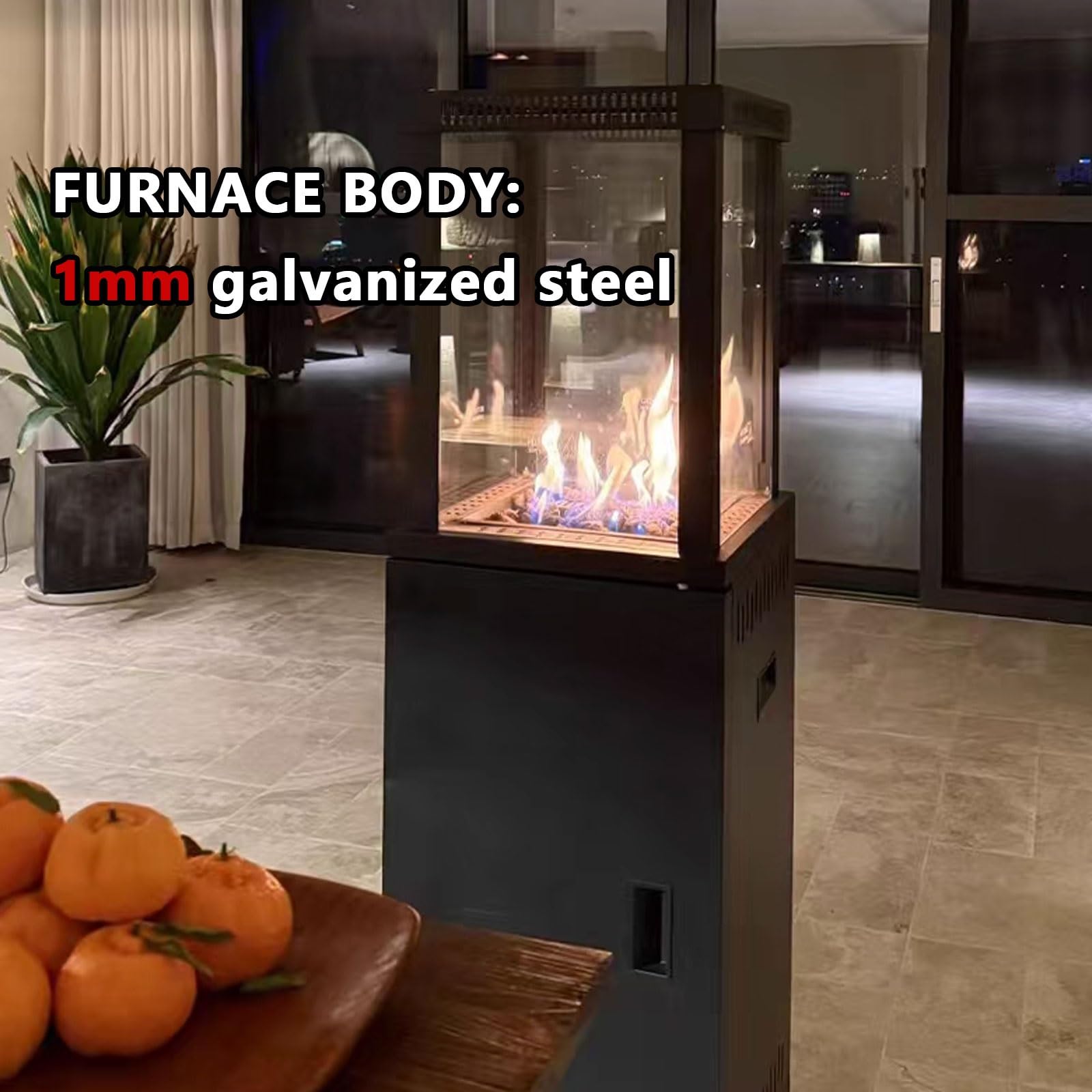 Stufa a gas propano autoportante, 8 kW, con vetro visibile su 4 lati, ruote universali, riscaldatore a pavimento per esterni, giardino e uso domestico
