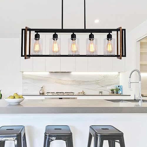 Miniatura 7 de Iluminación de isla de cocina de granja, lámpara de comedor de 5 luces, con pantalla de cristal, lámpara lineal de granja de hierro forjado con
