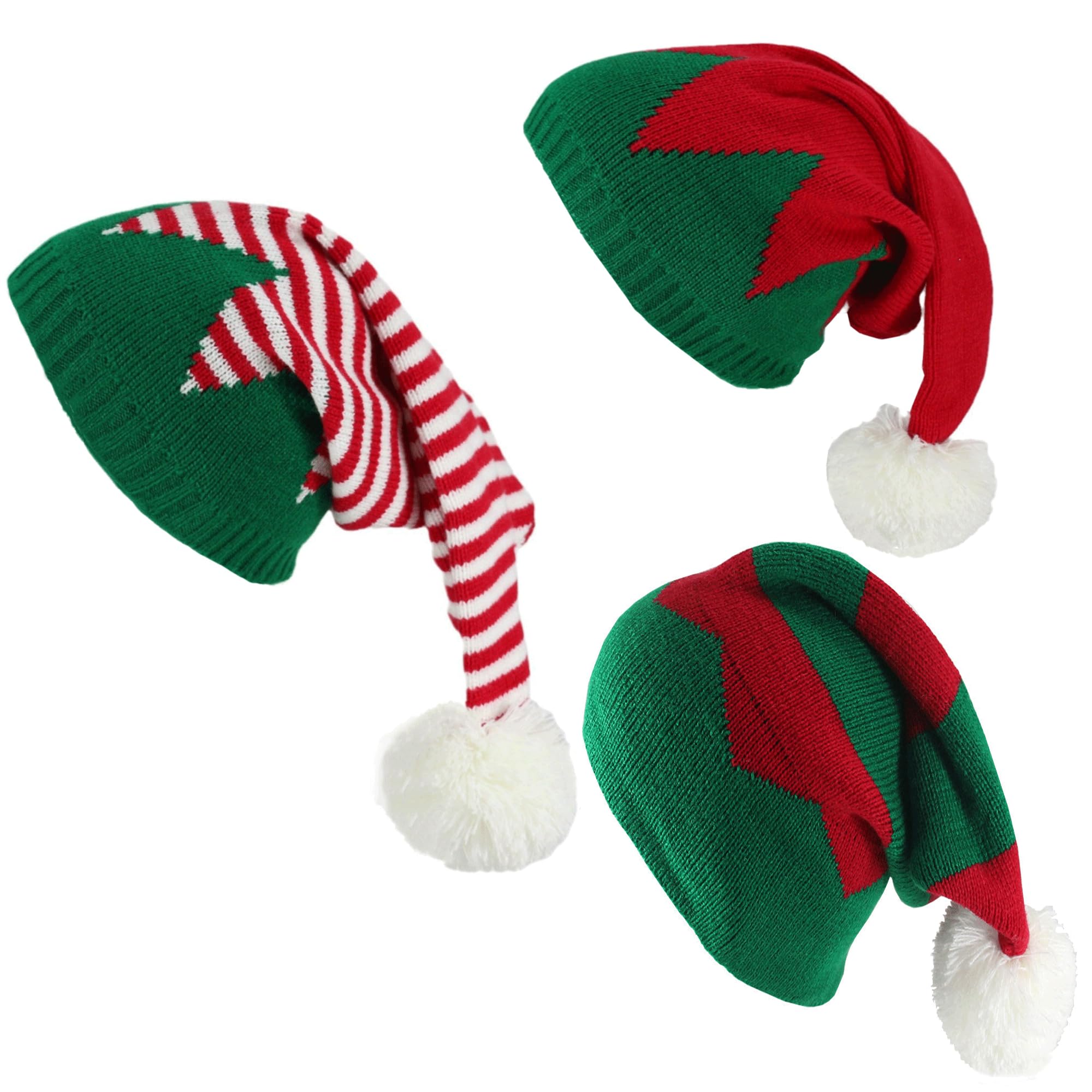 HAPPYLIVE SHOPPING 3 Pcs Christmas Knitted Santa Hat Elf Hats Triangle Striped Xmas Winter Hats Knit Beanies Soft Adult Skull Cap for Women Men Ski Costume Party