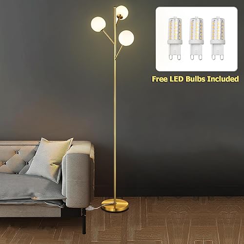 Miniatura 2 de Globe - Lámpara de pie de árbol de mediados de siglo con 3 bombillas, lámpara de pie de 70 pulgadas de alto con pantalla de vidrio esmerilado para