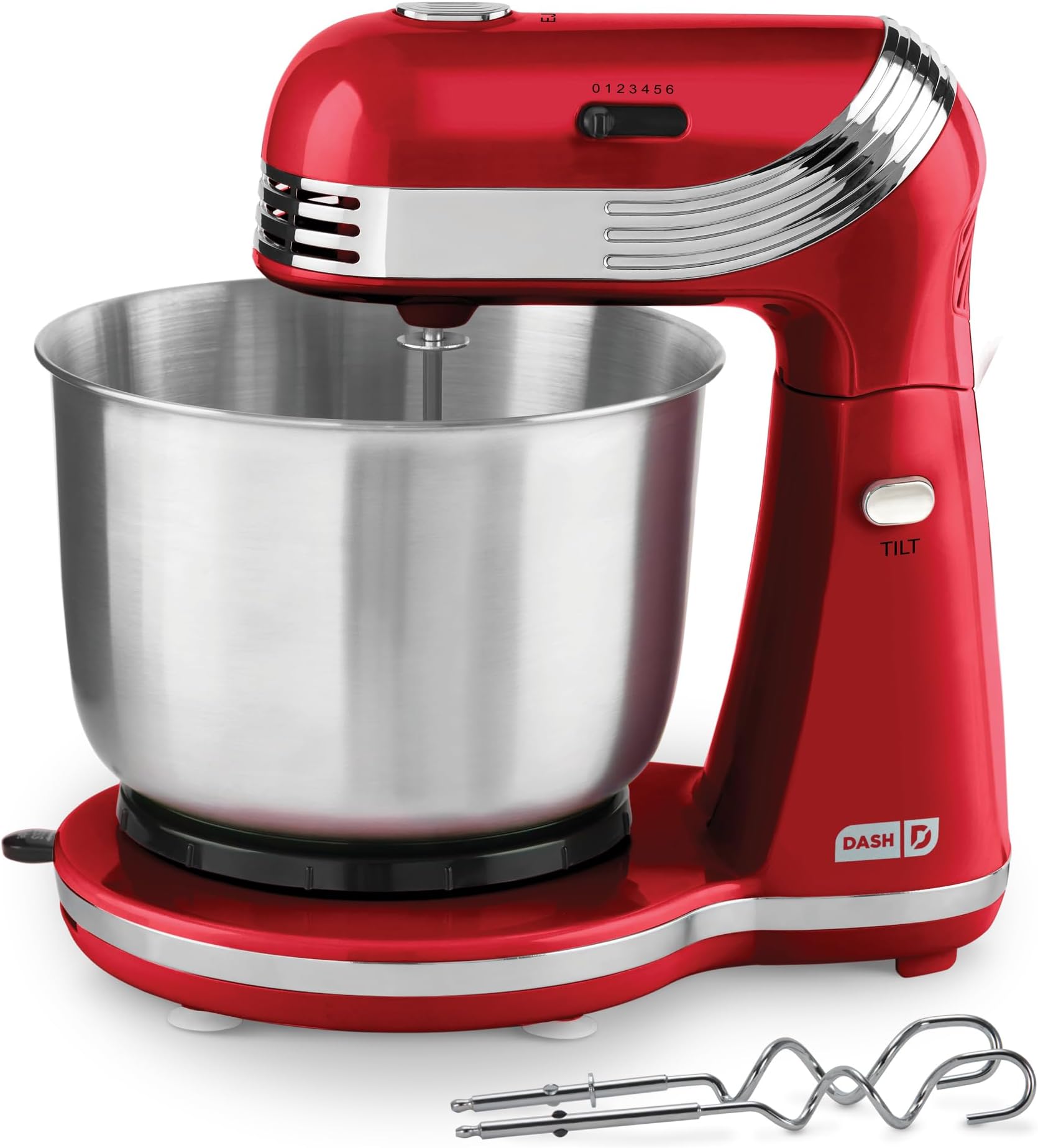 DASH Stand Mixer (Electric Mixer for Everyday Use): 6 Speed Stand Mixer with 3 qt Stainless Steel Mixing Bowl, Dough Hooks & Mixer Beaters for Dressings, Frosting, Meringues & More - Red, DCSM250RD