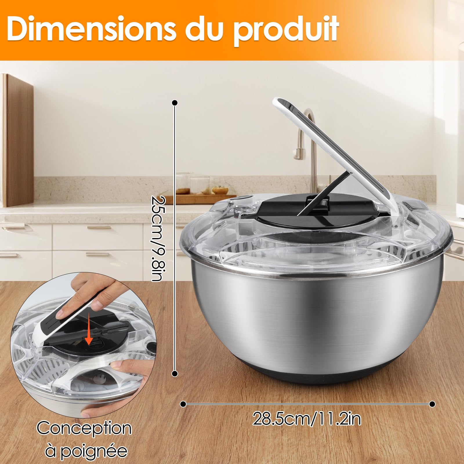 Essoreuse À Salade en Acier Inoxydable 4,5L, Saladier avec Couvercle Et Base Antidérapante, Essoreuse À Salade INOX Idéale pour Égoutter Légumes Et Pâtes