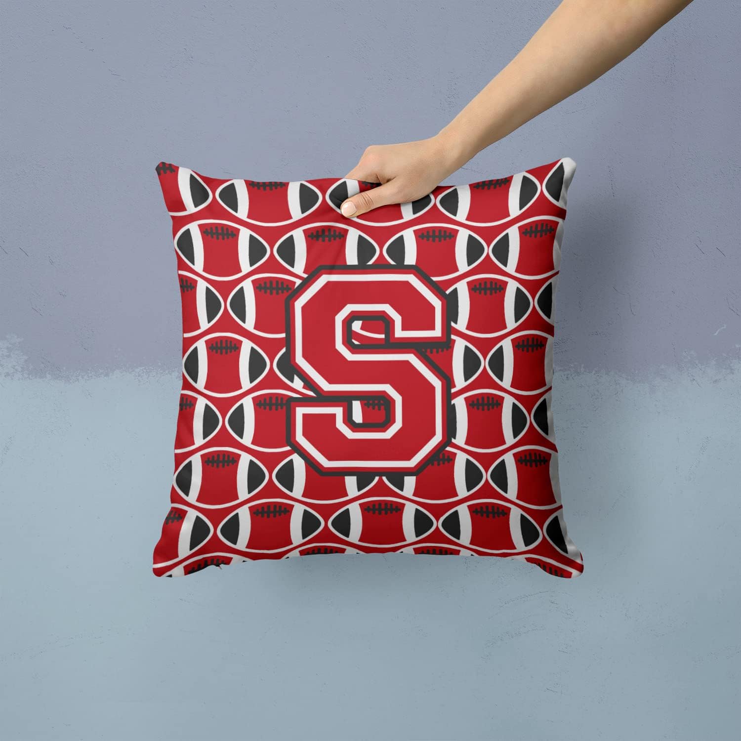 Caroline's Treasures CJ1073-SPW1414 Letter S Football Red, Black and White Fabric Decorative Pillow 100% Machine Washable Pillow, Indoor or Outdoor Decorative Throw Pillow for Couch, Bed or Patio