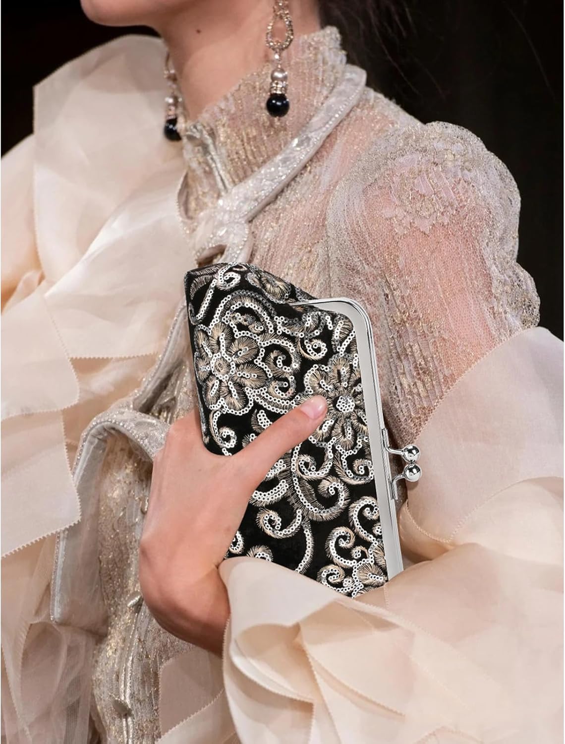 RNIEGA Clutch Purse for Women Floral Embroidery Sequin Evening Bags Elegant Kiss Lock Wedding Party Cocktail