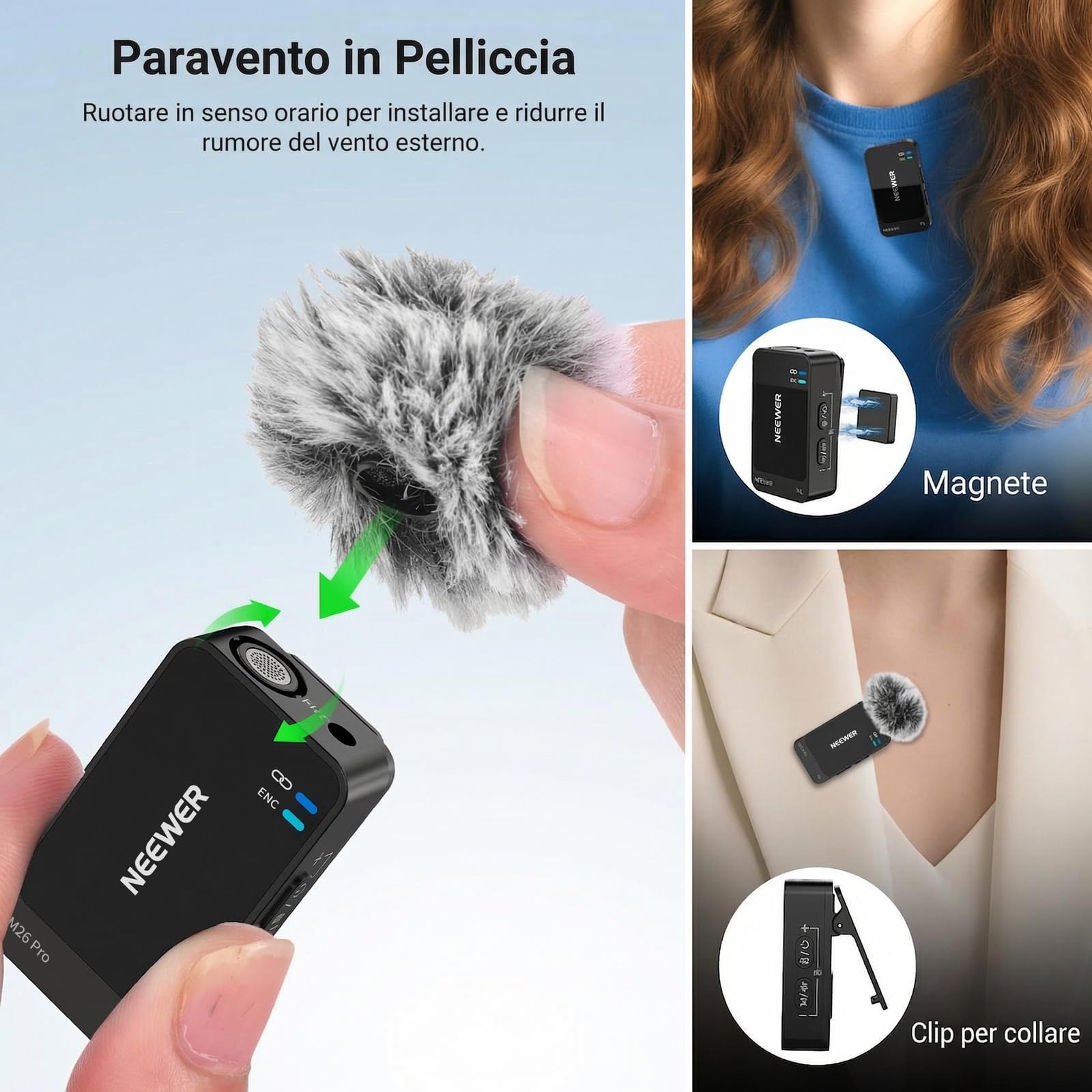 NEEWER CM26 Pro Microfono Wireless AI Compatibile con iPhone Android Telefono Fotocamera PC, Mic Lavalier Anti Rumore DSP/MCU Guadagno Muto Taglio Basso 48kHz/24bit SNR 88dB Batteria 50H Portata 100m