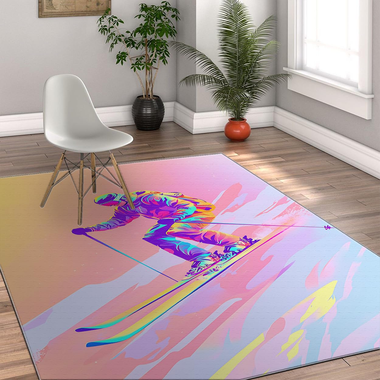 Vibrante Skier Design Area Tappeto Sport Tema Tappetino da Sci Decorativo Lavabile Non Spargimento Antiscivolo Tappeto a pelo corto per dormitorio soggiorno 90x180cm