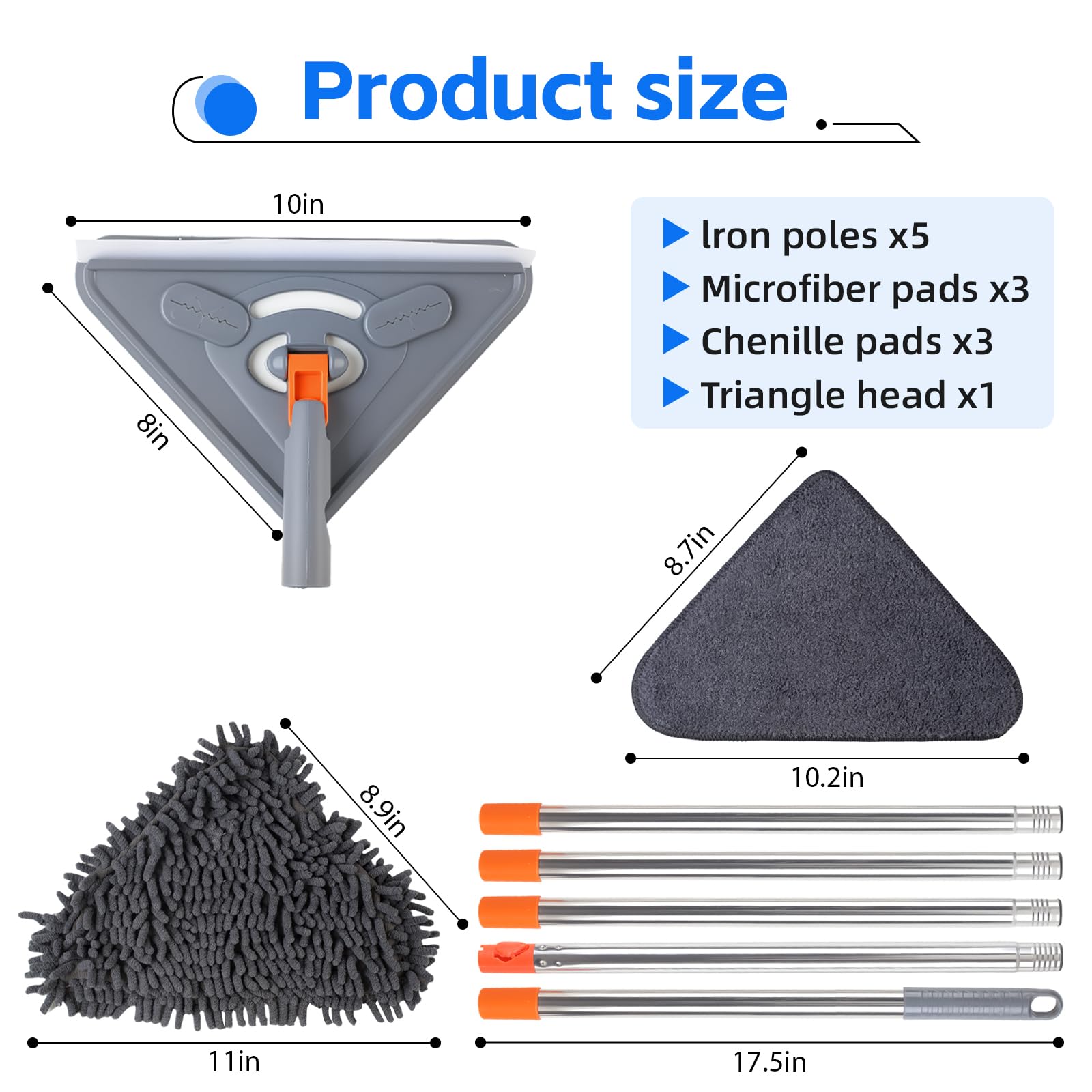 Mopa de pared con mango de 203 cm de largo, herramienta de limpieza de pared para ventanas, paredes, ventiladores de techo, polvo, zócalo, suelos, limpieza de techos de 360°, con escobilla de