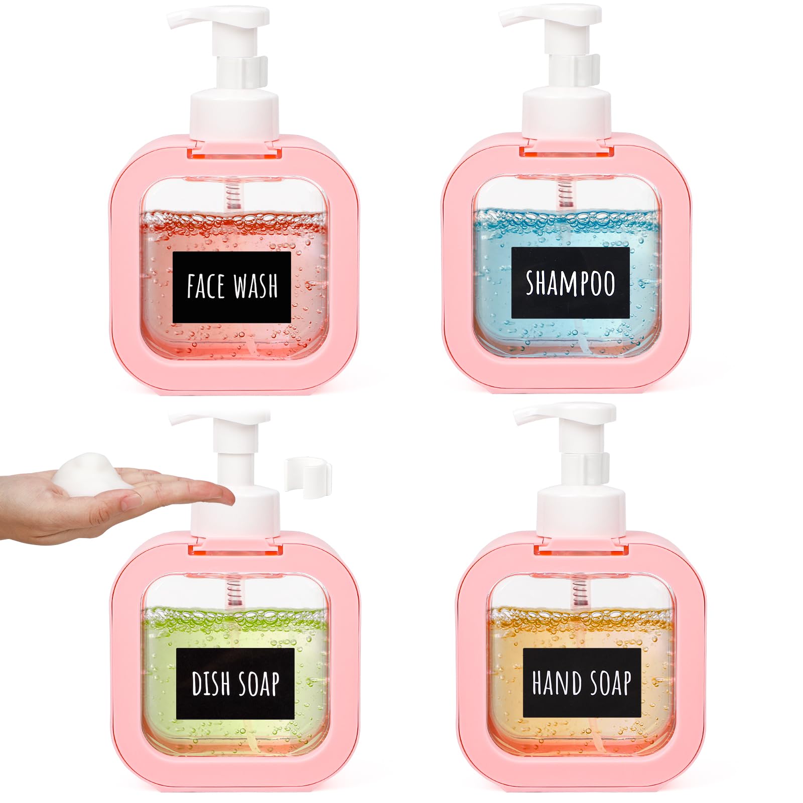 Segbeauty 4 Pack Hand Soap Foam Dispenser, 16.9oz Empty Foaming Soap Dispenser, 500ml Refillable Pink Square Plastic Foaming Body Soap Dispenser with Waterproof Labels for Modern Bathroom Kitchen Sink