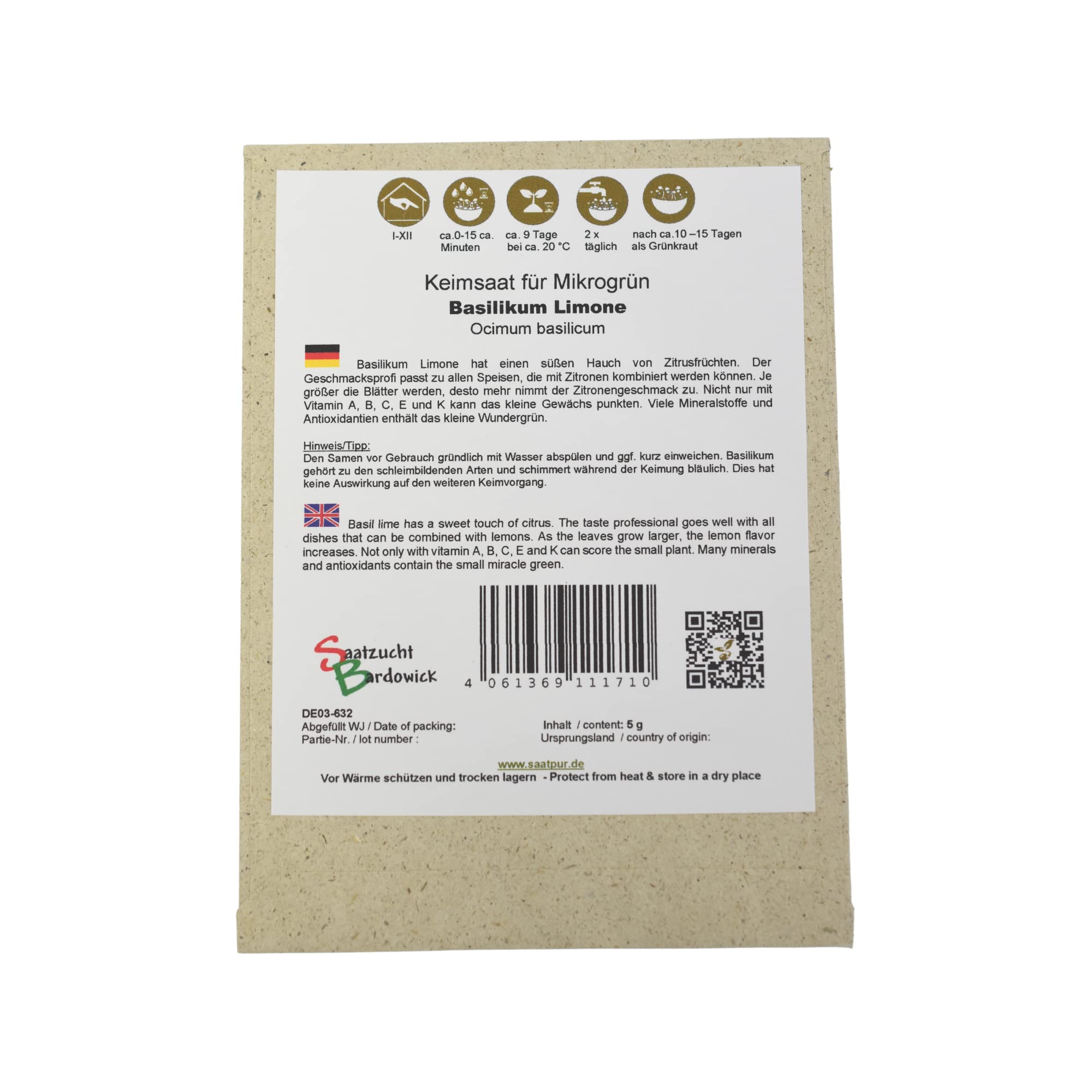 Bio Sprossen Samen Basilikum Limone - 100% Bio Keimsprossen - Microgreens mit hoher Keimkraft - Großes Tray mit 120 Portionstüten je 5g