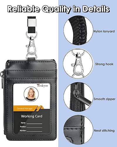 Miniatura 5 de Soporte de cuero para tarjeta de identificación con bolsillo con cremallera, 1 ventana transparente para identificación y 3 ranuras para tarjetas