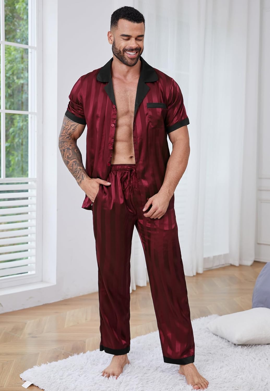 DEARCASE Mens Pajamas Set Satin Silk For Men Sexy Loungewear Sleepwear Long Pants Button Down Pajama 2 Piece Lingerie