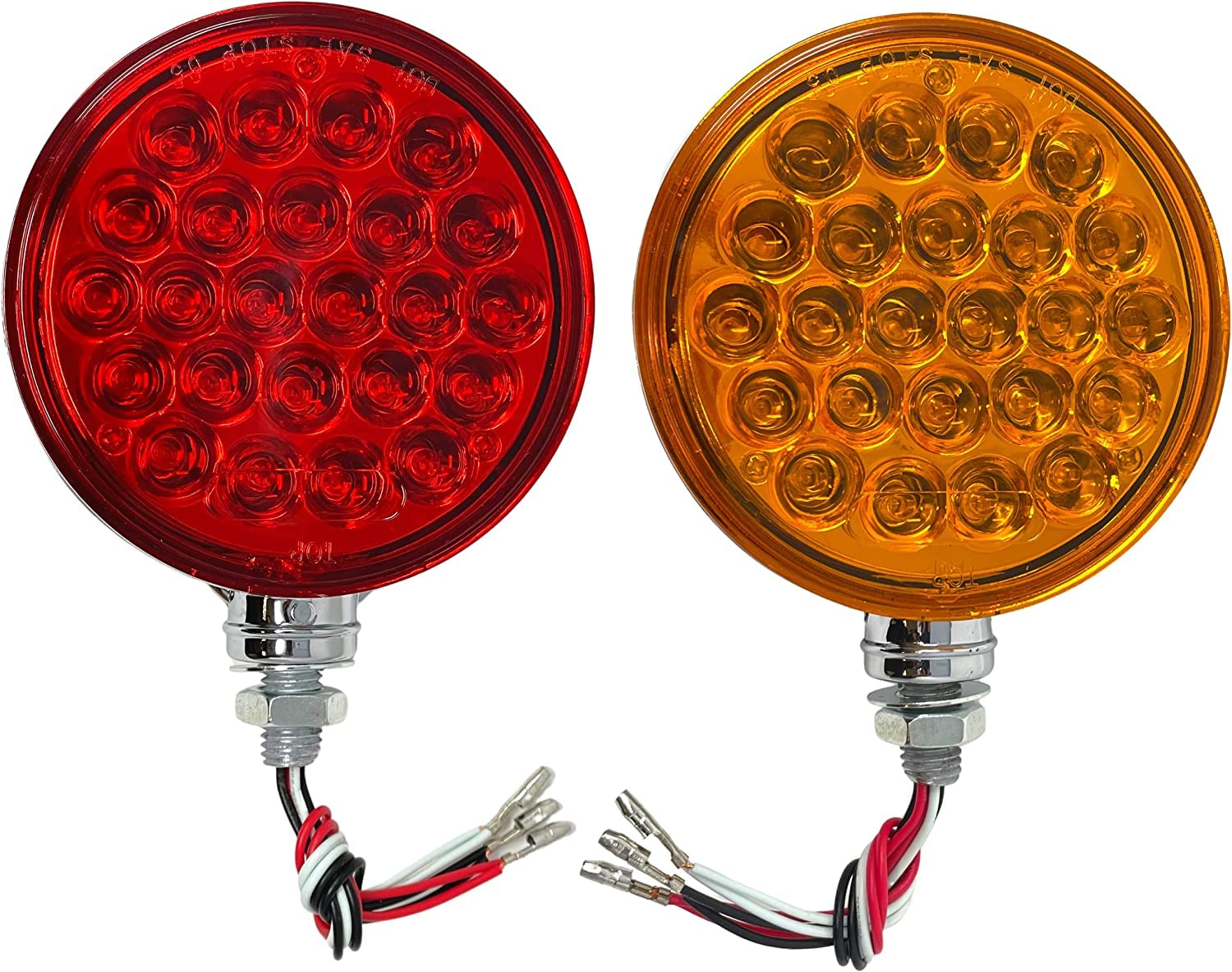 All Star Truck Parts 2pc Amber/Red 48 LED Round Double Face Chrome Stud Mount Pedestal Fender Stop Turn Tail Light Truck Trailer Peterbilt