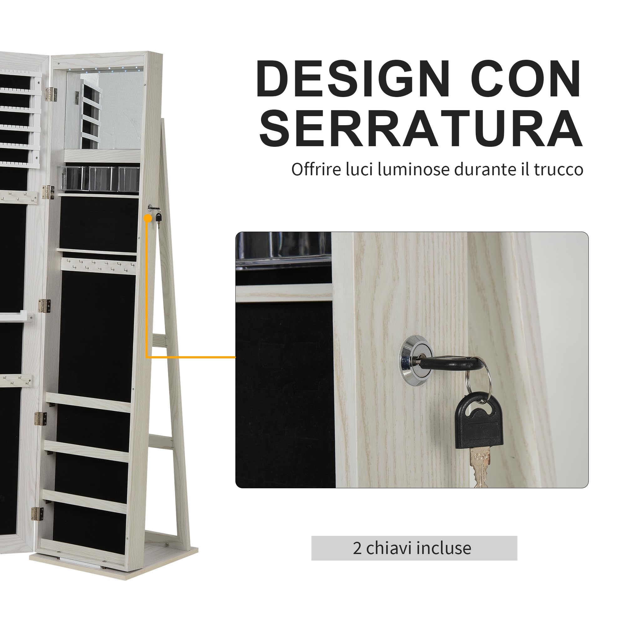 HOMCOM Specchio Portagioie a Illuminazione LED con 4 Scaffali Bianco