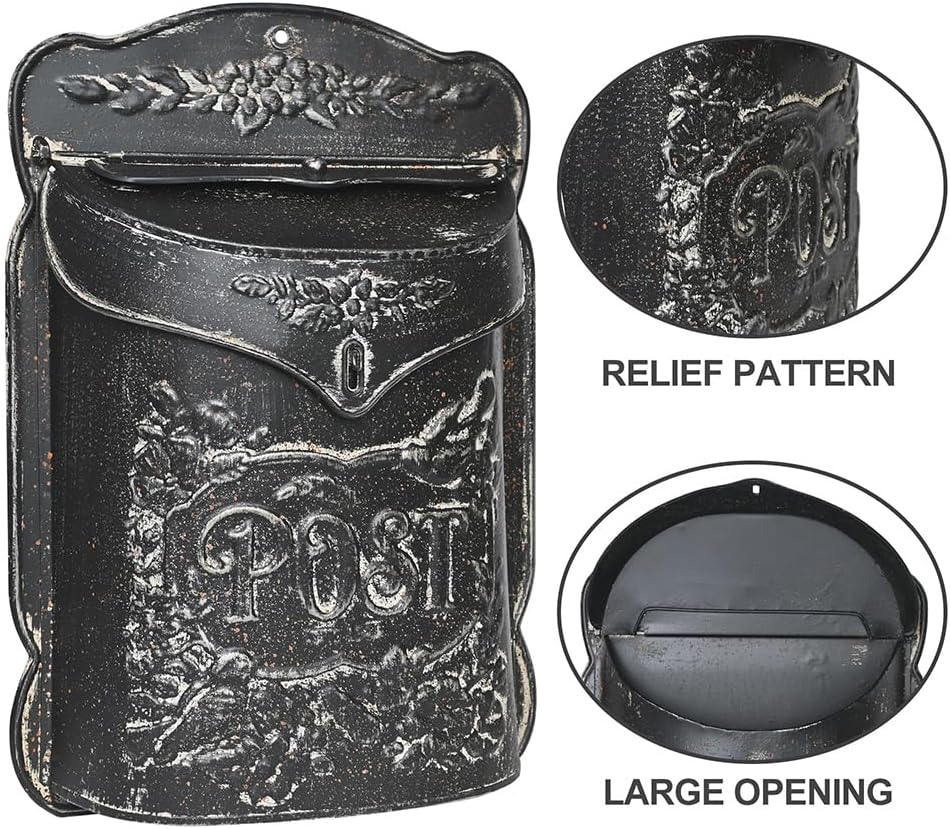 Wall Mount Mailbox for Outside Vintage Mail Boxes for House Outside Metal Door Mailbox Drop Box Antique Style Nostalgic Charm Home Decorative, Flower Pattern, Black