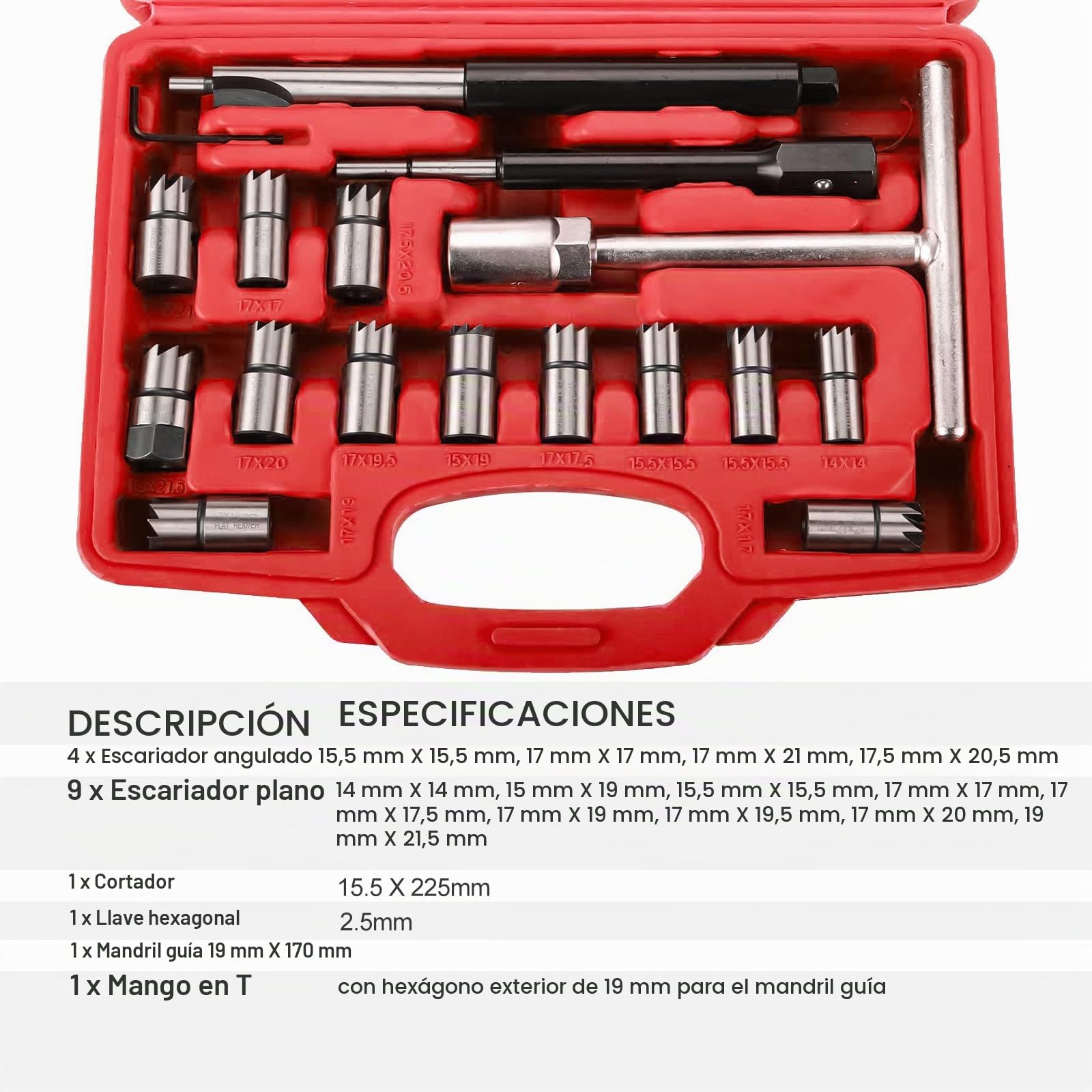 FreeTec 17 pzas Escariador de Inyectores, 14-21,5 mm Escariador de Asiento de Inyector Diesel, Profesional Escariadores Asiento Inyectores Kit Limpieza y Fresado Compatible con VW Audi BMW