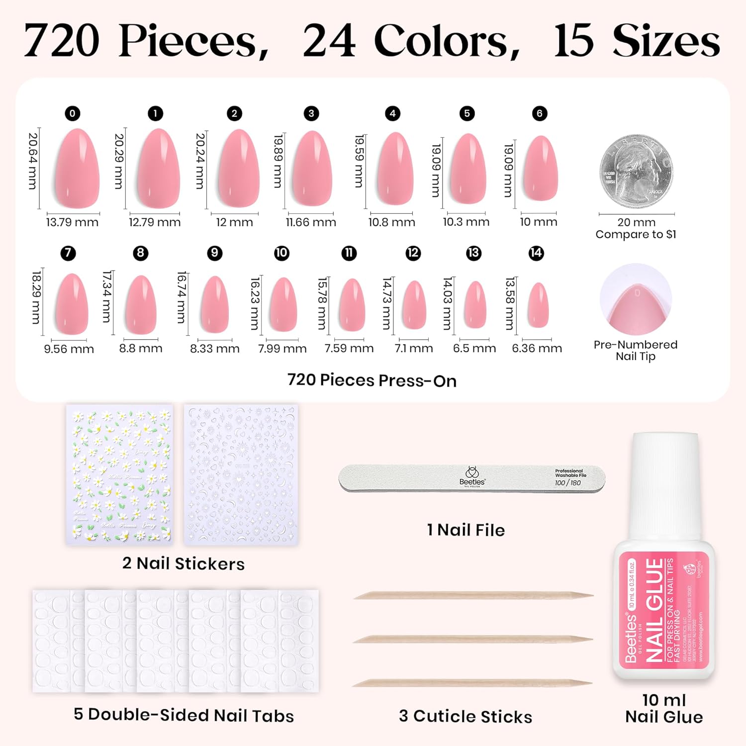 Beetles Press On Nails Kit - Rainbow Gleam | 720Pcs 24 Colors Short Almond Press On Nails | 15 Sizes Matte Glossy Glitter With Nail Glue & Nail Tabs Stickers, Fake Nails Kit Art For Women