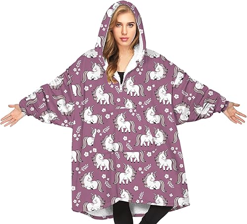 Miniatura 2 de TEMI Manta de terciopelo de felpa cómoda y suelta de gran tamaño con mangas elásticas para padres e hijos, Unicornio 02