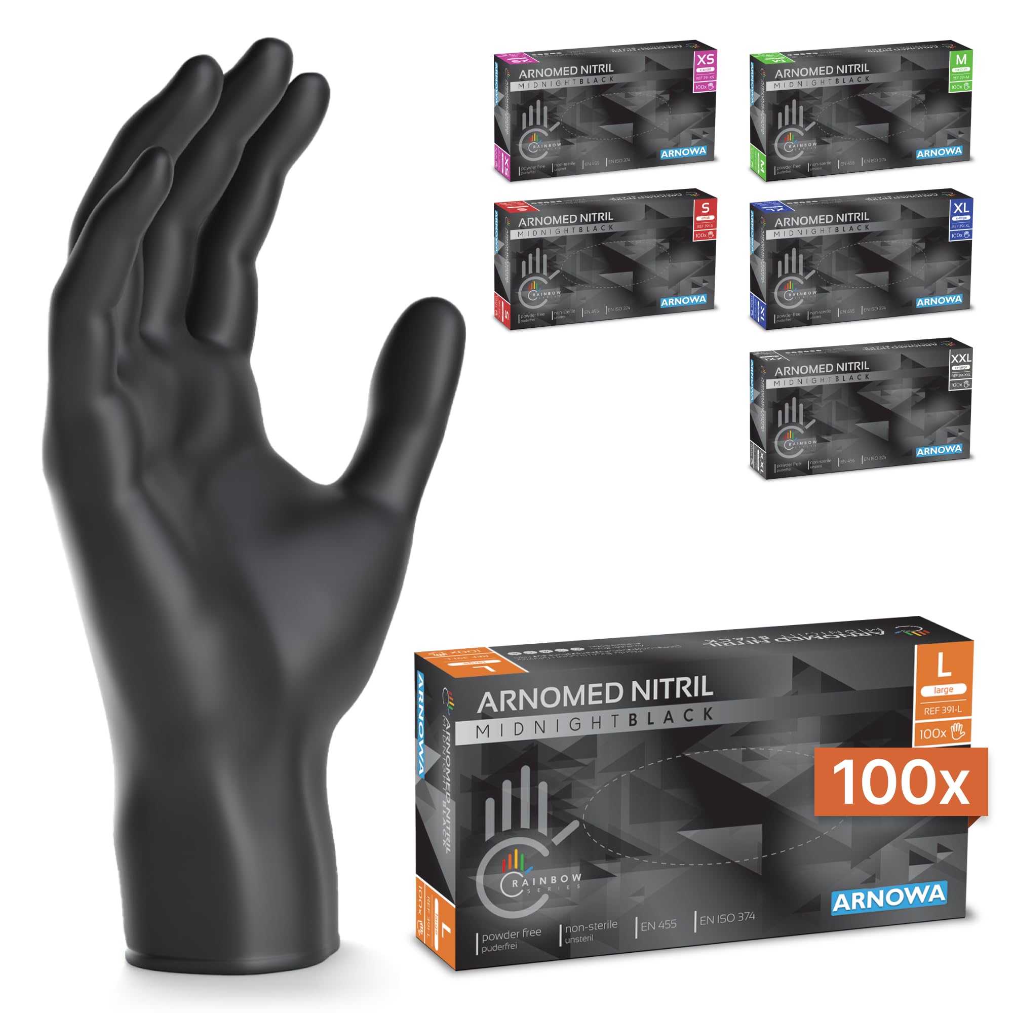 100x ARNOMED® Guanti nitrile L Nero, Guanti monouso senza polvere e lattice, Guanti plastica usa e getta dermanytril, Per cucina, pulizia casa, alimenti e tattoo XS, S, M, L, XL