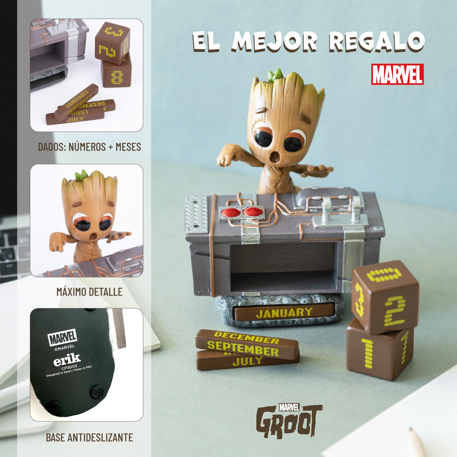 Calendario Perpetuo Groot 3D - Groot Figura de Marvel para Decoracion Habitacion Juvenil - Calendario sobremesa para niños │ Muñecos Marvel Merchandising Oficial