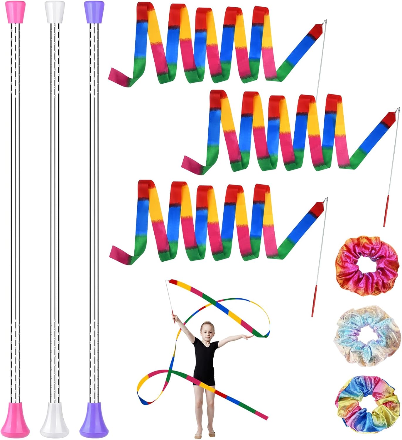 3 Pcs Twirling Batons 3 Pcs Ribbon Dancer Wands and 3 Pcs Rainbow Scrunchies for Kids, PLULON 21in Dance Batons For Baton Twirler, Kids' Gymnastics Twirling Baton for Artistic Dance 9P Colorful