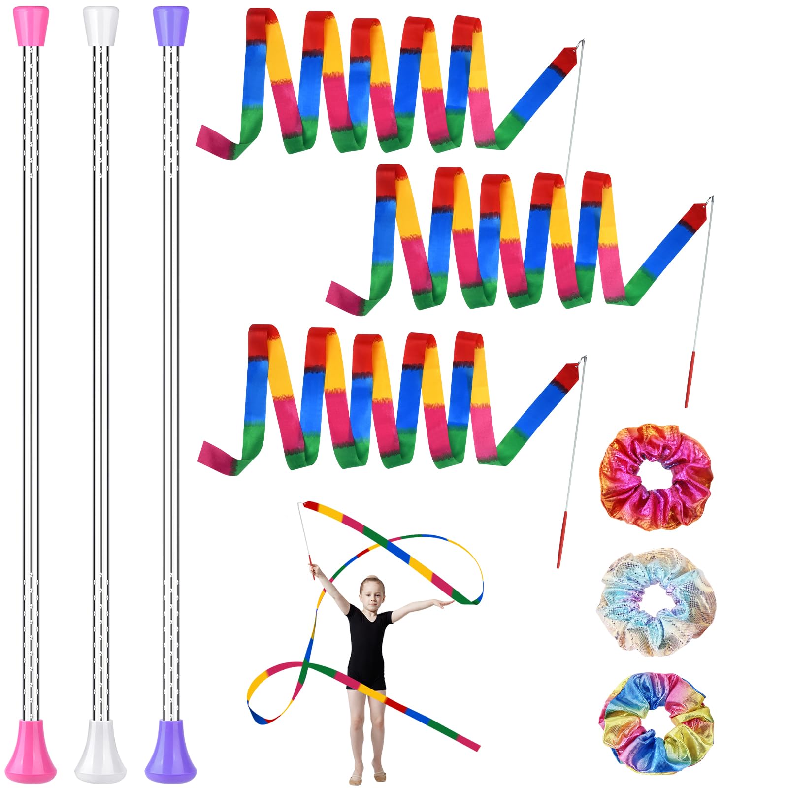 PLULON Lot de 3 baguettes de danse torsadées, 3 baguettes de danse en ruban et 3 chouchous arc-en-ciel pour enfants, bâtons de danse PLULON de 53,3 cm pour baton Twirler, bâton de gymnastique pour